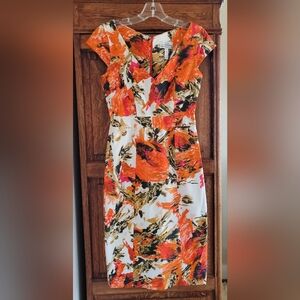 ERDEM TANYA FLORAL PRINT PENCIL DRESS IN ORANGE UK8 US4